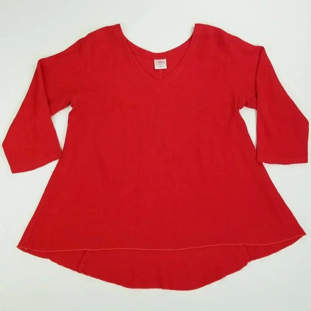 C.M.C. Small Red V Neck 80% Linen 20% Rayon 3/4 Sleeve Tunic Pullover Blouse Top